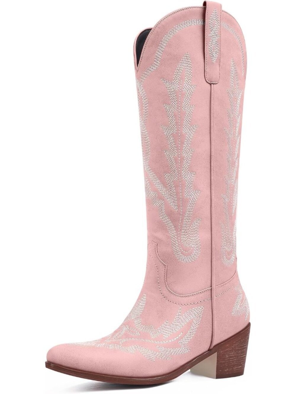 Women's Powder Pink Knee High Classic Embroidered Pointed Toe Chunky Heel Boots
